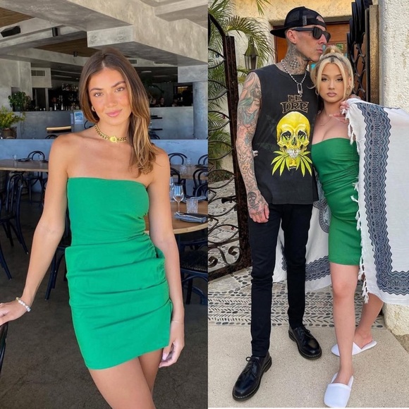 SNDYS X MOLLY KING Green Strapless Ruched Tie Side‎ Slit Sleeveless Mini Dress 6 - Picture 7 of 16